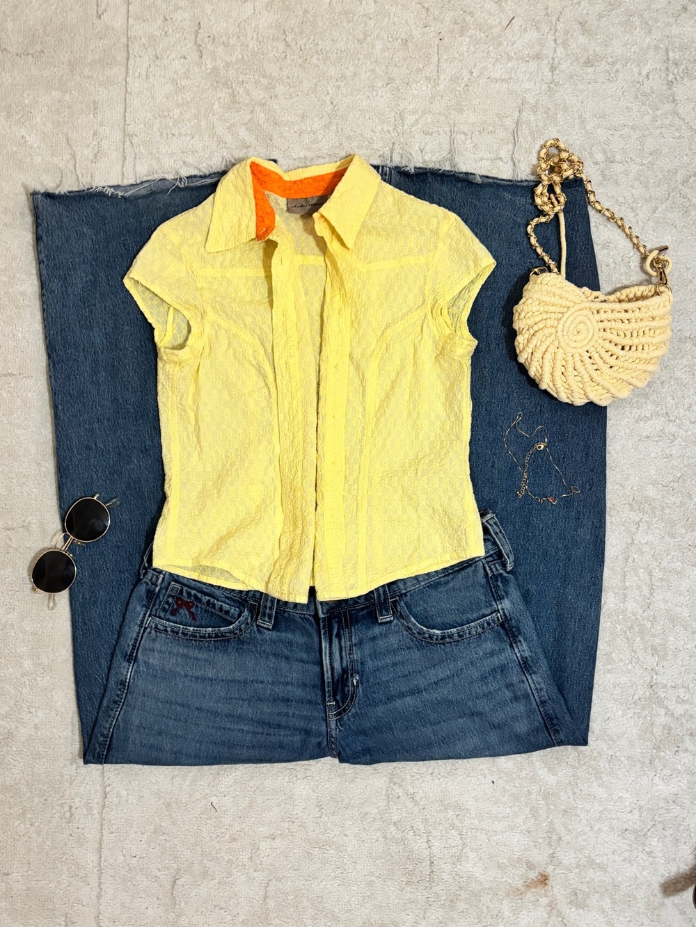 Yellow Cap-Sleeve Button-Down Shirt with Classic Collar